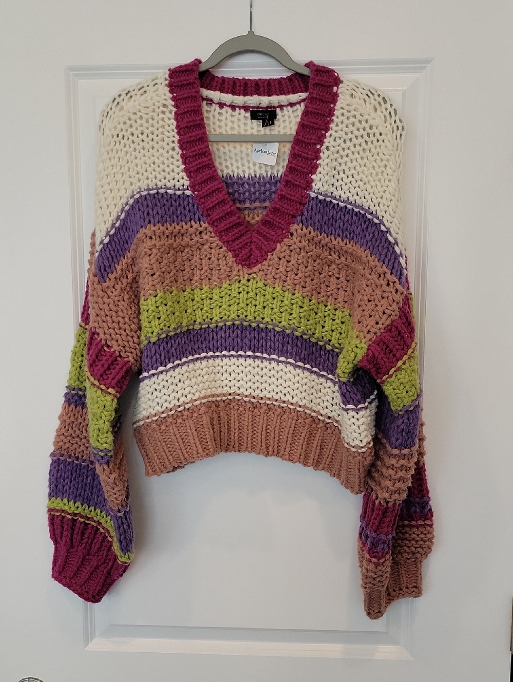 Apricot Lane Striped Multicolored Crop Chunky Sweater In Fuscia Size M/L NWT - Picture 5 of 12